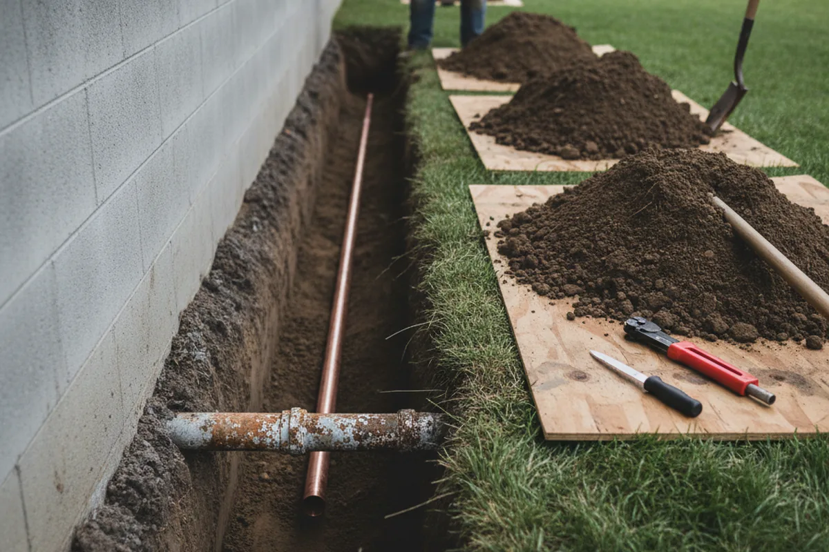 Excavated water line trench during Sewer Line Repair in Hobart